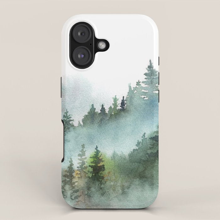 Watercolor Pine Forest Mountains in the Fog iPhone Case Gallery Image 1