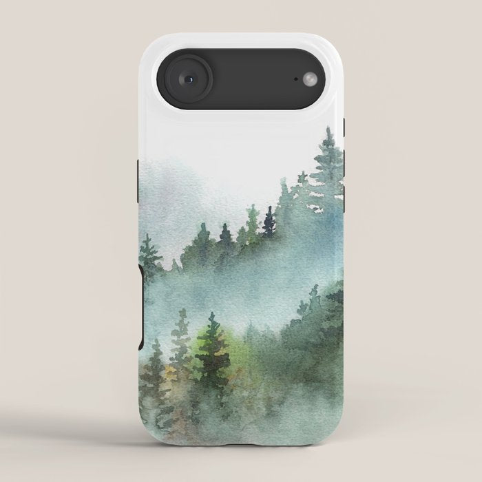 Watercolor Pine Forest Mountains in the Fog iPhone Case Gallery Image 2