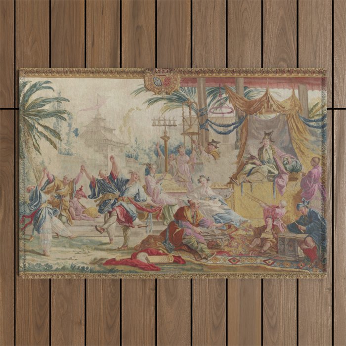 Antique 18th Century Chinoiserie Dance French Tapestry by Francois Boucher Outdoor Rug Gallery Image 1