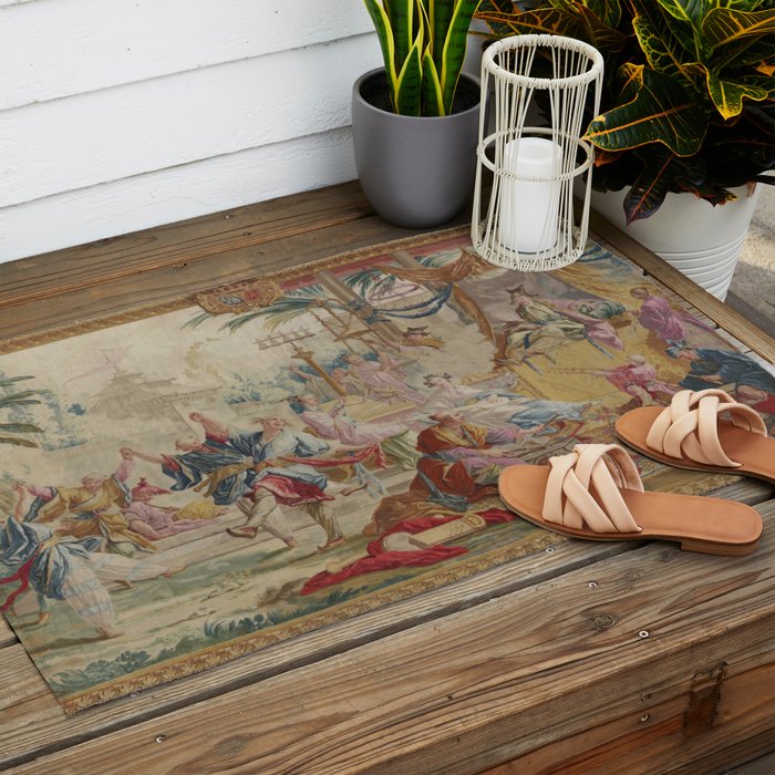 Antique 18th Century Chinoiserie Dance French Tapestry by Francois Boucher Outdoor Rug Gallery Image 2