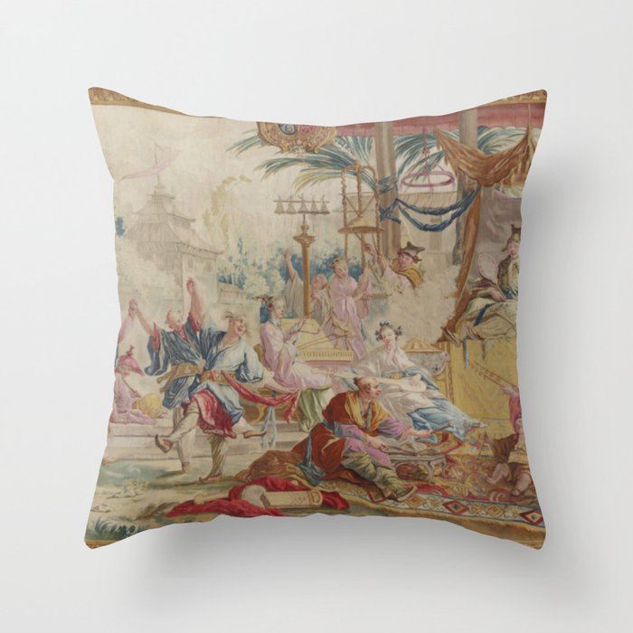 Antique 18th Century Chinoiserie Dance French Tapestry by Francois Boucher Throw Pillow Gallery Image 6