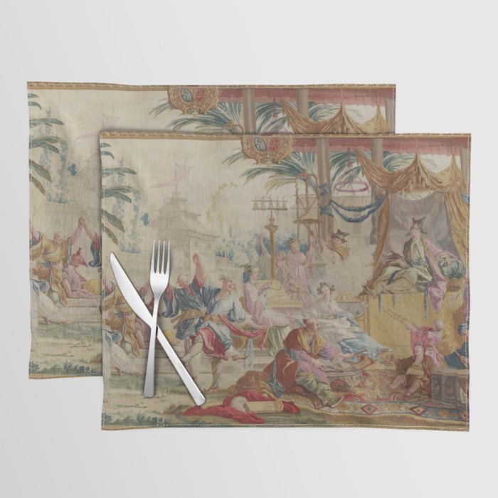 Antique 18th Century Chinoiserie Dance French Tapestry by Francois Boucher Placemat Gallery Image 1