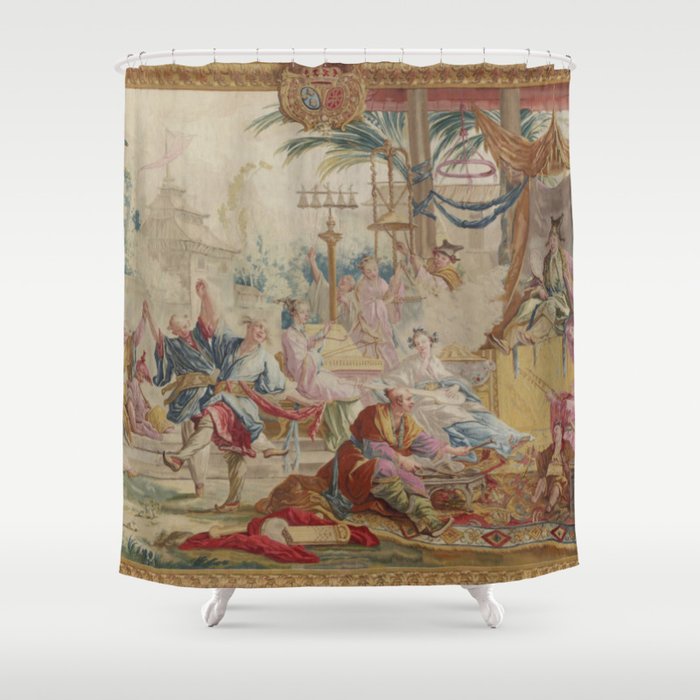 Antique 18th Century Chinoiserie Dance French Tapestry by Francois Boucher Shower Curtain Gallery Image 1