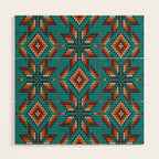 Modern colorful beaded boho aztec kilim pattern on teal Wood Wall Art Gallery Image 1