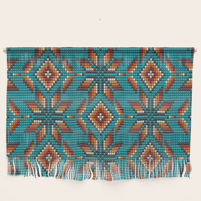 Modern colorful beaded boho aztec kilim pattern on teal Wall Hanging Gallery Image 1