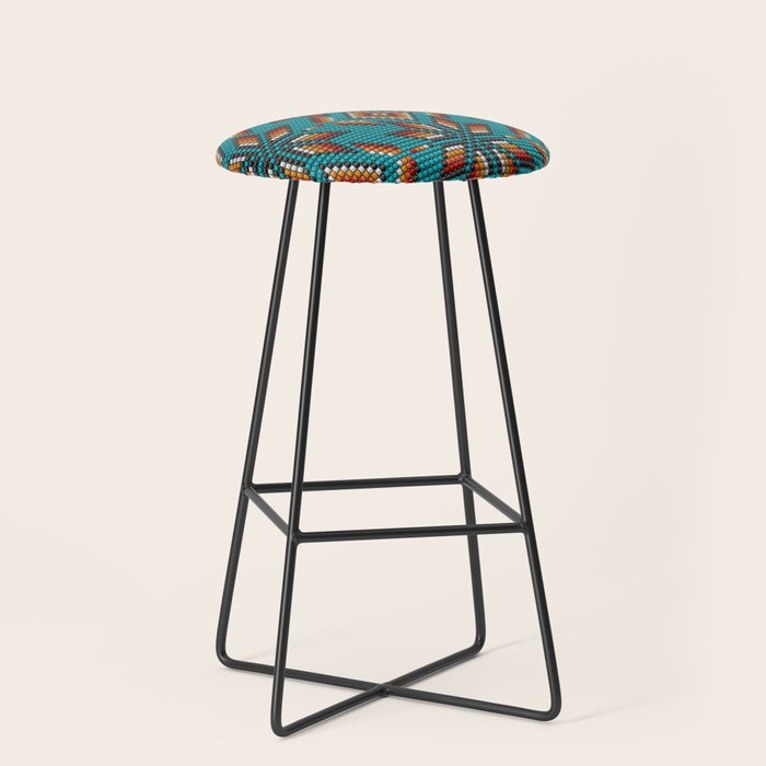 Modern Colorful Beaded Boho Aztec Kilim Pattern On Teal Stool