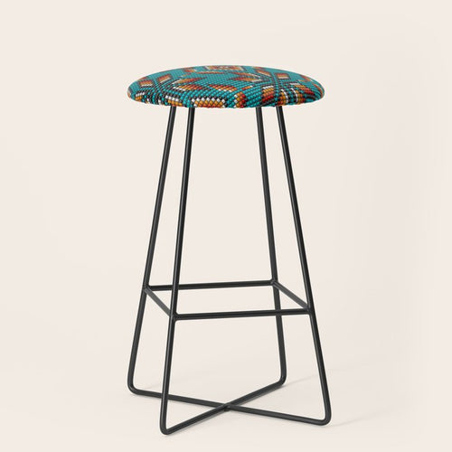 Modern Colorful Beaded Boho Aztec Kilim Pattern On Teal Stool Gallery Image 1