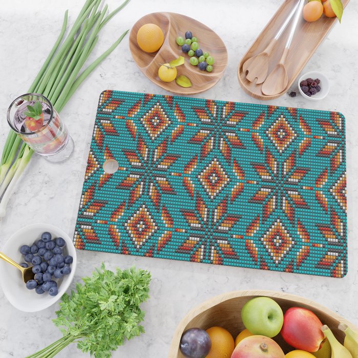 Modern colorful beaded boho aztec kilim pattern on teal Cutting Board Gallery Image 2