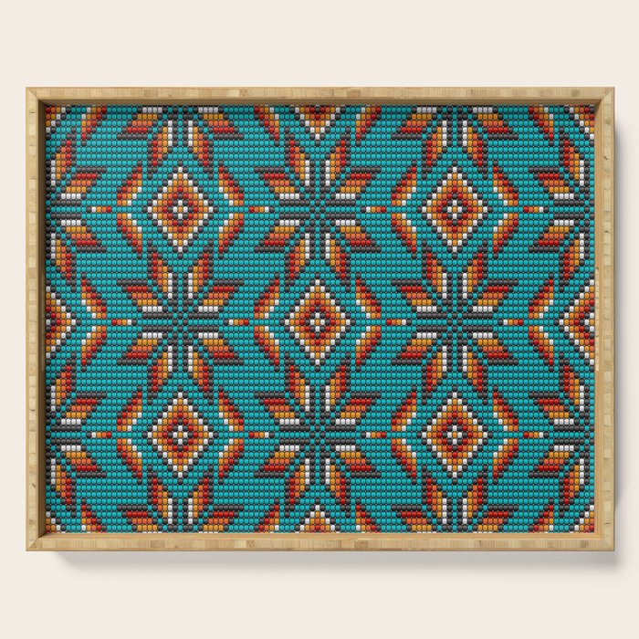 Modern colorful beaded boho aztec kilim pattern on teal Serving Tray Gallery Image 1