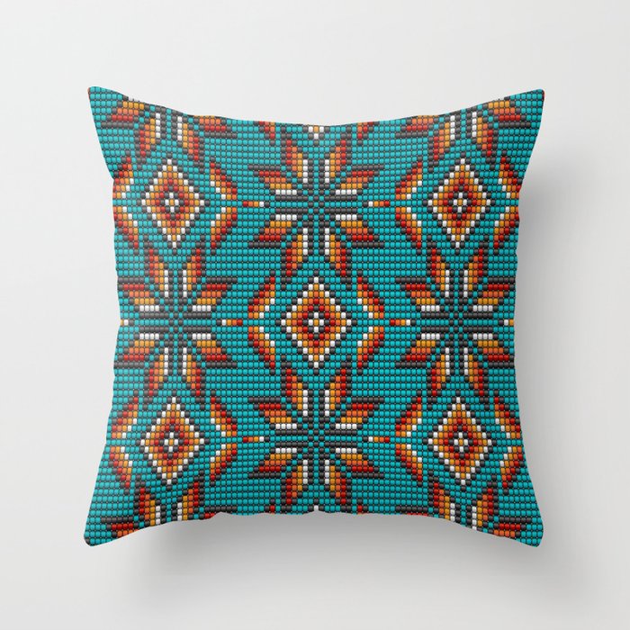 Modern colorful beaded boho aztec kilim pattern on teal Throw Pillow Gallery Image 1