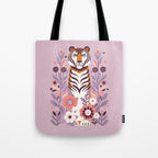 Serene Tiger in Blooming Garden - Pastel Floral Illustration Tote Bag Gallery Image 1