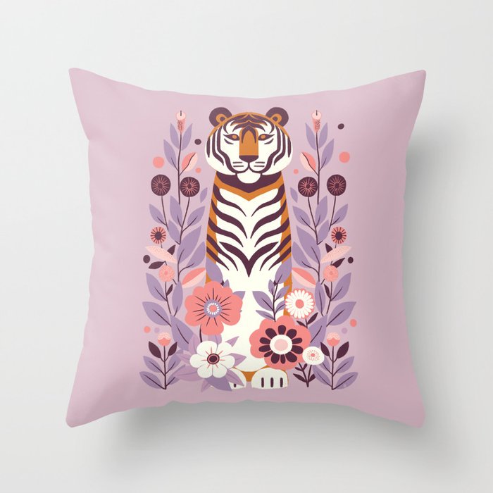 Serene Tiger in Blooming Garden - Pastel Floral Illustration Throw Pillow Gallery Image 6