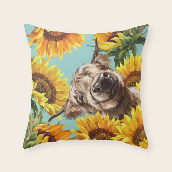 Highland Cow with Sunflowers in Blue Throw Pillow Gallery Image 6