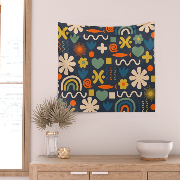 Cute Miscellany Rainbow Floral Pattern Blue Orange Green Mustard Wall Tapestry Gallery Image 2
