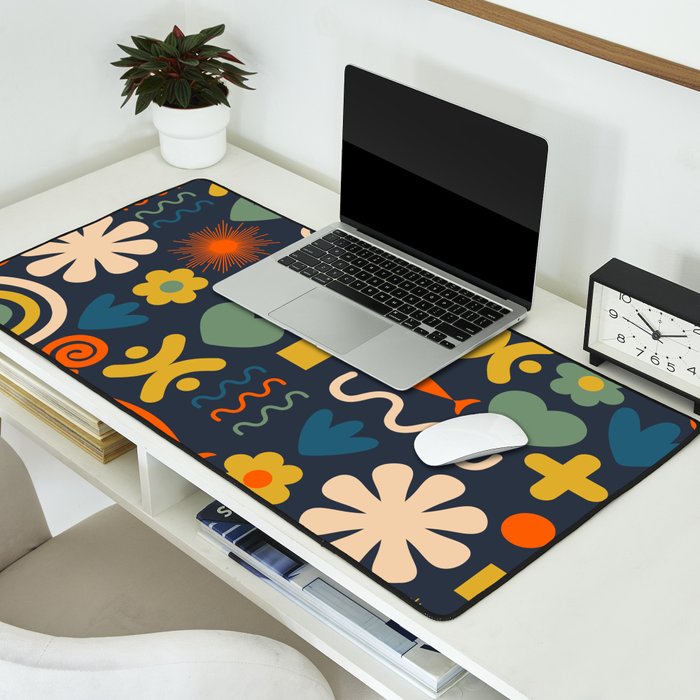 Cute Miscellany Rainbow Floral Pattern Blue Orange Green Mustard Desk Mat Gallery Image 2