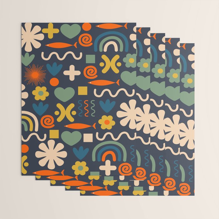 Cute Miscellany Rainbow Floral Pattern Blue Orange Green Mustard Wrapping Paper Gallery Image 3