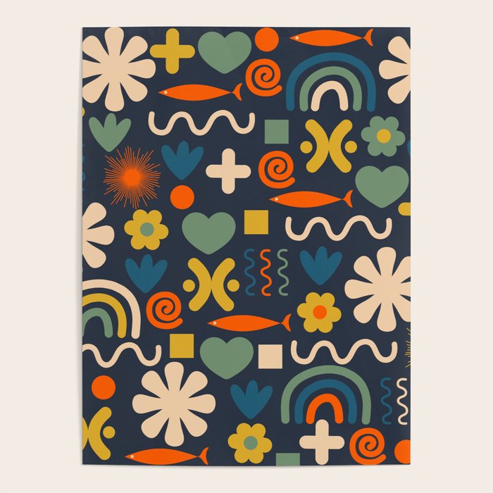 Cute Miscellany Rainbow Floral Pattern Blue Orange Green Mustard Poster Gallery Image 1