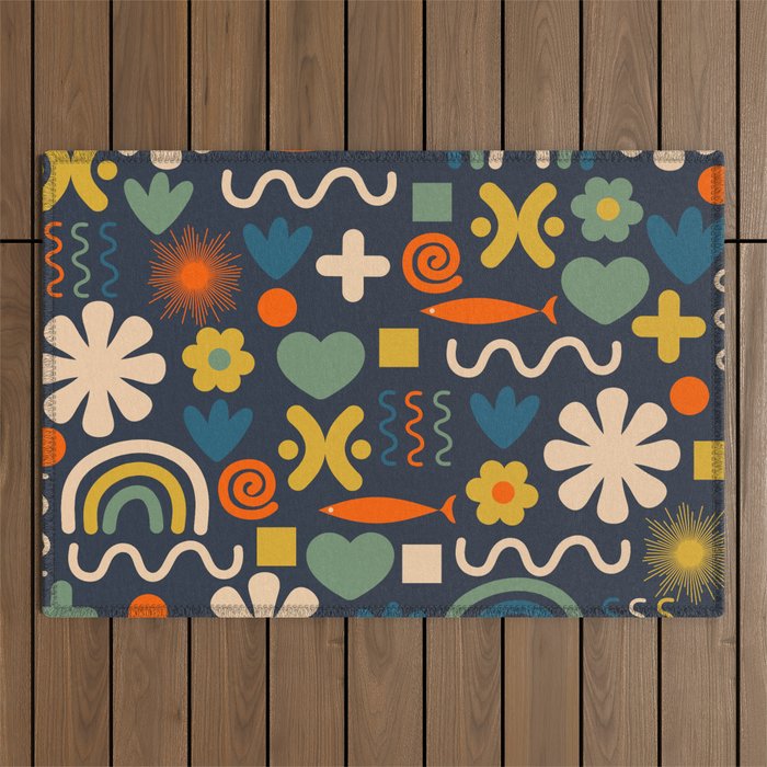 Cute Miscellany Rainbow Floral Pattern Blue Orange Green Mustard Outdoor Rug Gallery Image 1
