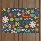 Cute Miscellany Rainbow Floral Pattern Blue Orange Green Mustard Outdoor Rug Gallery Image 1