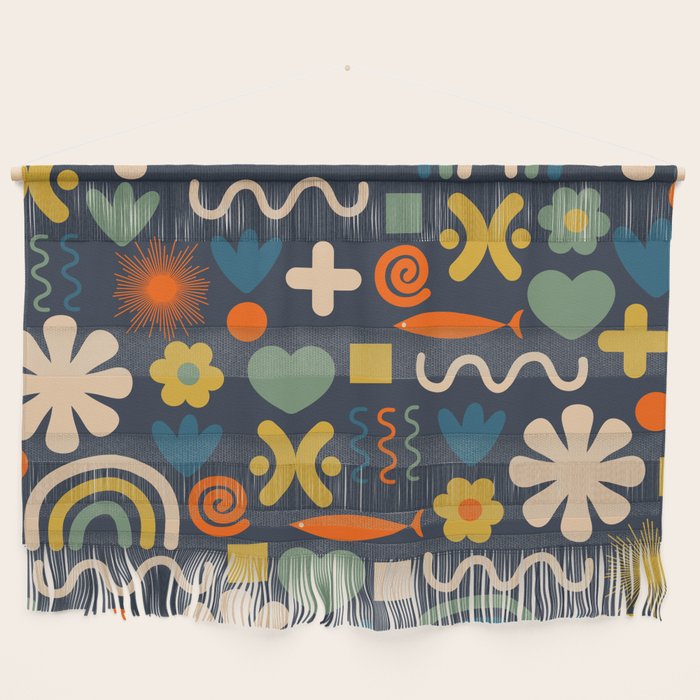 Cute Miscellany Rainbow Floral Pattern Blue Orange Green Mustard Wall Hanging Gallery Image 1