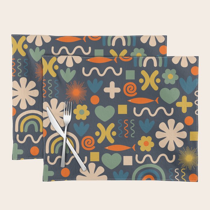 Cute Miscellany Rainbow Floral Pattern Blue Orange Green Mustard Placemat Gallery Image 1