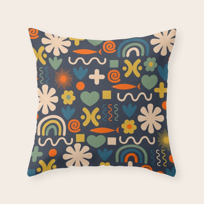 Cute Miscellany Rainbow Floral Pattern Blue Orange Green Mustard Throw Pillow Gallery Image 1
