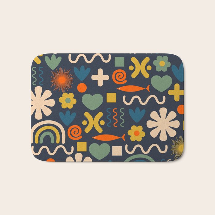 Cute Miscellany Rainbow Floral Pattern Blue Orange Green Mustard Bath Mat Gallery Image 1