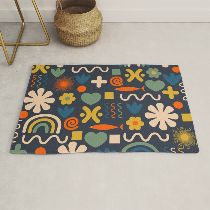 Cute Miscellany Rainbow Floral Pattern Blue Orange Green Mustard Rug Gallery Image 1