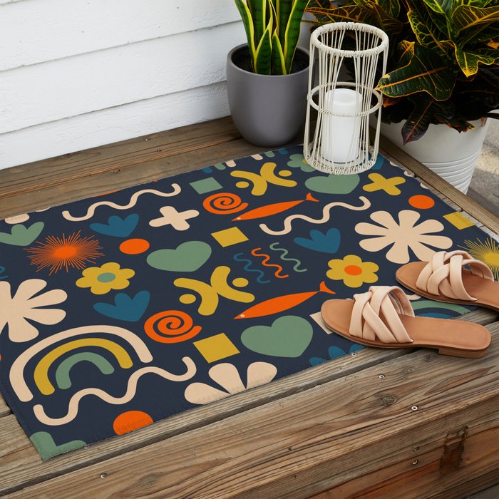 Cute Miscellany Rainbow Floral Pattern Blue Orange Green Mustard Outdoor Rug Gallery Image 2