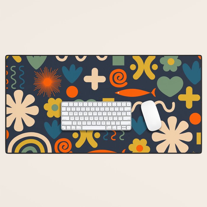 Cute Miscellany Rainbow Floral Pattern Blue Orange Green Mustard Desk Mat Gallery Image 1