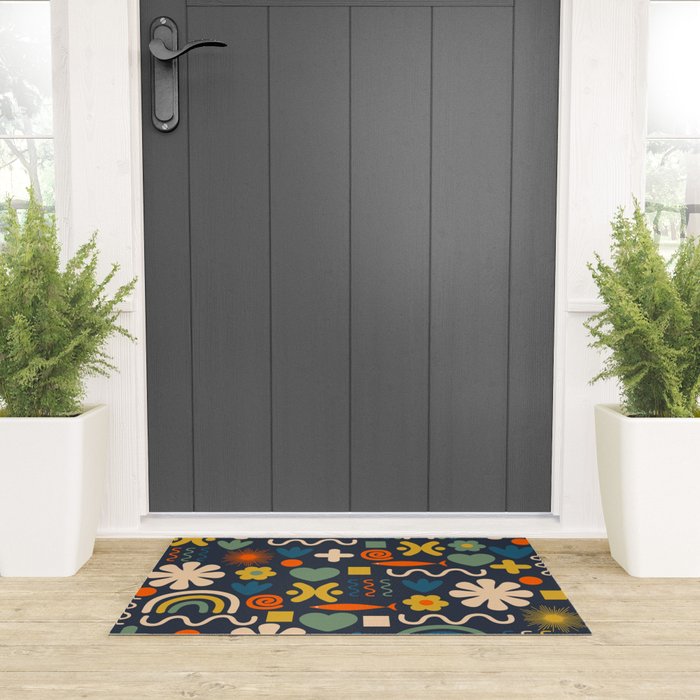 Cute Miscellany Rainbow Floral Pattern Blue Orange Green Mustard Welcome Mat Gallery Image 3