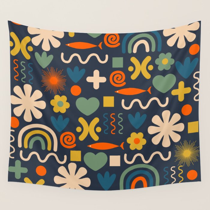 Cute Miscellany Rainbow Floral Pattern Blue Orange Green Mustard Wall Tapestry Gallery Image 4