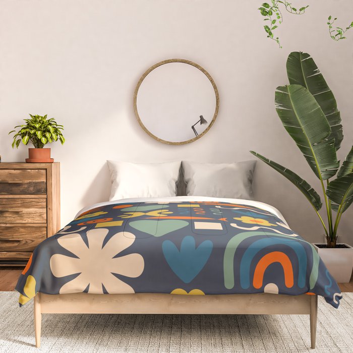 Cute Miscellany Rainbow Floral Pattern Blue Orange Green Mustard Comforter Gallery Image 3