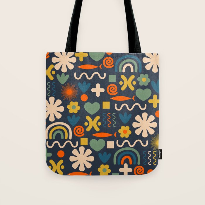 Cute Miscellany Rainbow Floral Pattern Blue Orange Green Mustard Tote Bag Gallery Image 1