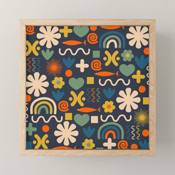 Cute Miscellany Rainbow Floral Pattern Blue Orange Green Mustard Mini Art Print Gallery Image 1