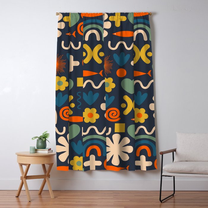 Cute Miscellany Rainbow Floral Pattern Blue Orange Green Mustard Window Curtain Gallery Image 1