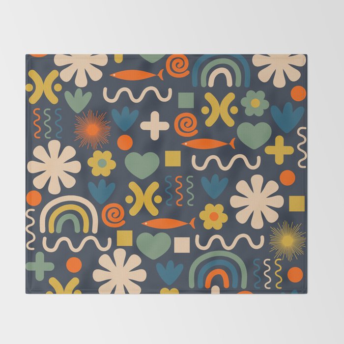 Cute Miscellany Rainbow Floral Pattern Blue Orange Green Mustard Throw Blanket Gallery Image 2