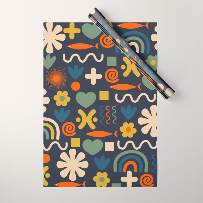Cute Miscellany Rainbow Floral Pattern Blue Orange Green Mustard Wrapping Paper Gallery Image 1