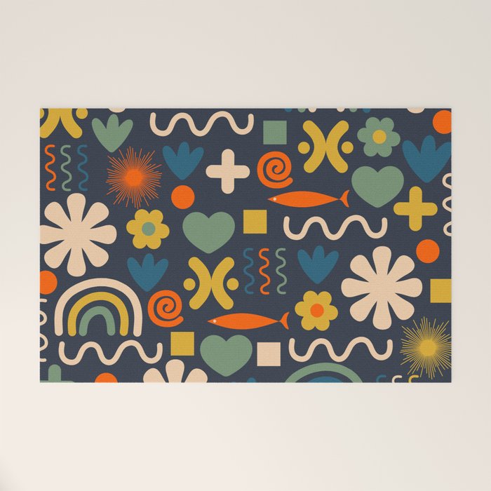 Cute Miscellany Rainbow Floral Pattern Blue Orange Green Mustard Welcome Mat Gallery Image 1