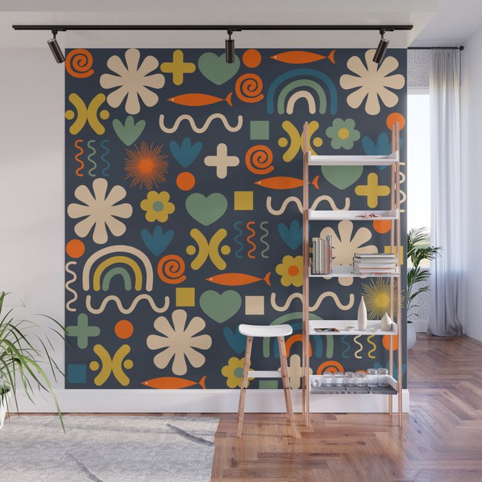 Cute Miscellany Rainbow Floral Pattern Blue Orange Green Mustard Wall Mural Gallery Image 1