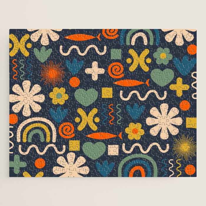 Cute Miscellany Rainbow Floral Pattern Blue Orange Green Mustard Jigsaw Puzzle Gallery Image 1