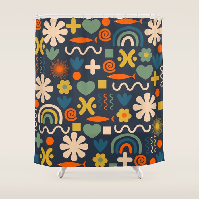 Cute Miscellany Rainbow Floral Pattern Blue Orange Green Mustard Shower Curtain Gallery Image 1