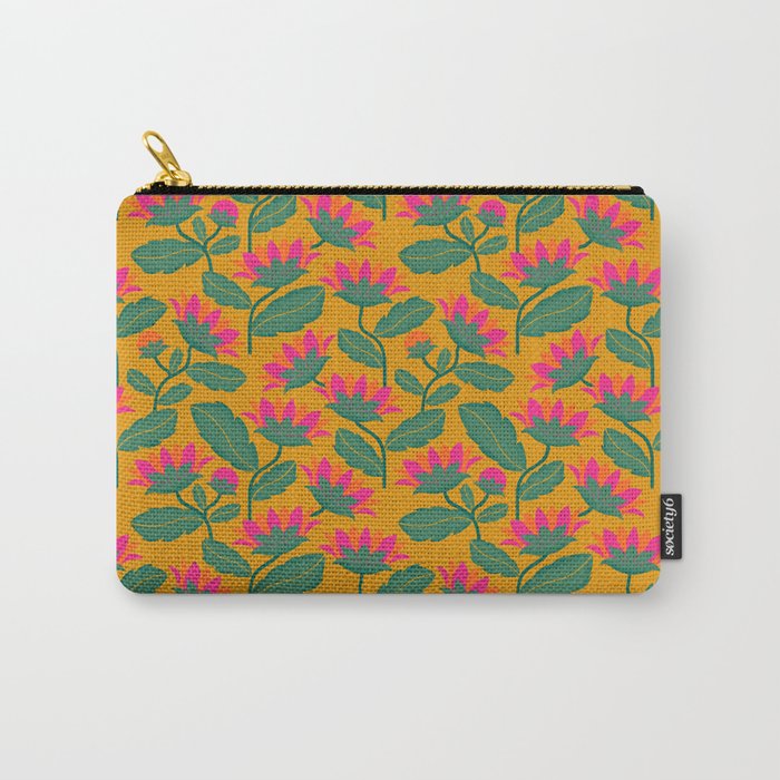 Art Nouveau Pink and Orange Tropical Flowers on Yellow Background Carry All Pouch Gallery Image 1