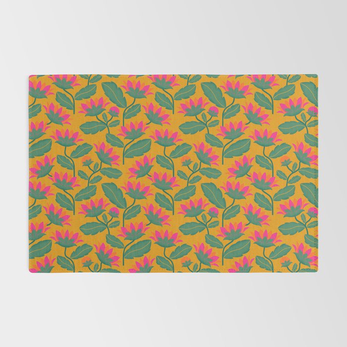 Art Nouveau Pink and Orange Tropical Flowers on Yellow Background Rug Gallery Image 2