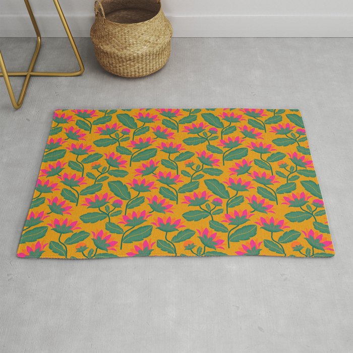 Art Nouveau Pink and Orange Tropical Flowers on Yellow Background Rug Gallery Image 1