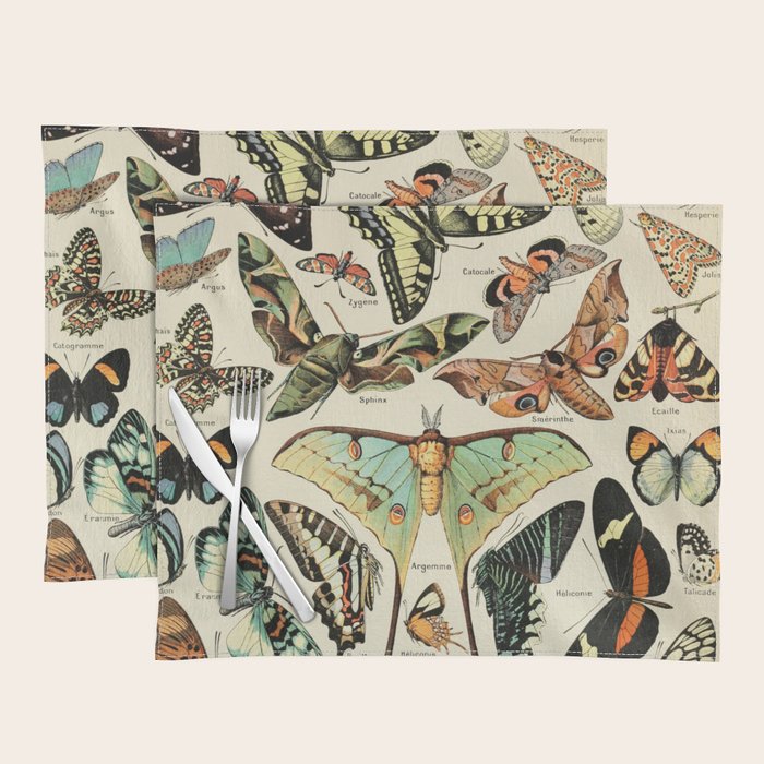 French Vintage Butterflies Chart Adolphe Millot Papillons Larousse Pour Tous Cozy Boho Maximalist Placemat Gallery Image 1