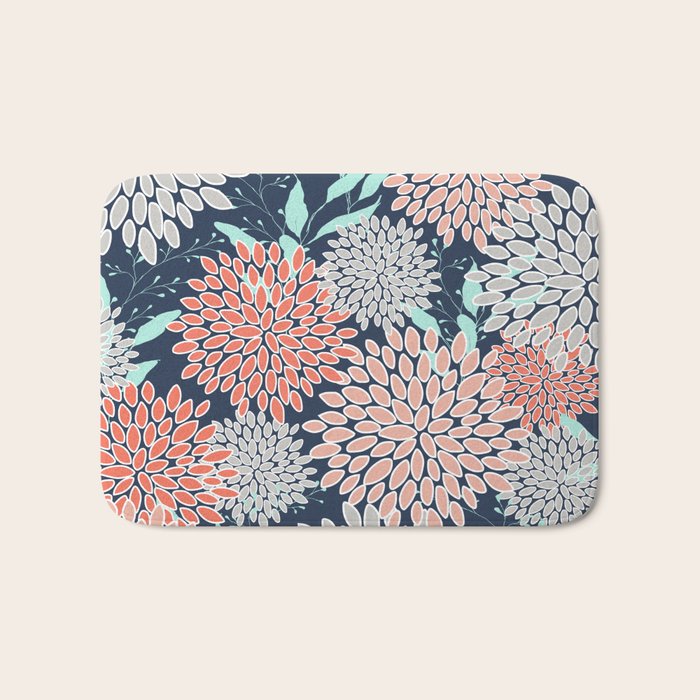 Leaves and Floral Prints, Navy Blue, Aqua, Gray and Coral Bath Mat Gallery Image 1