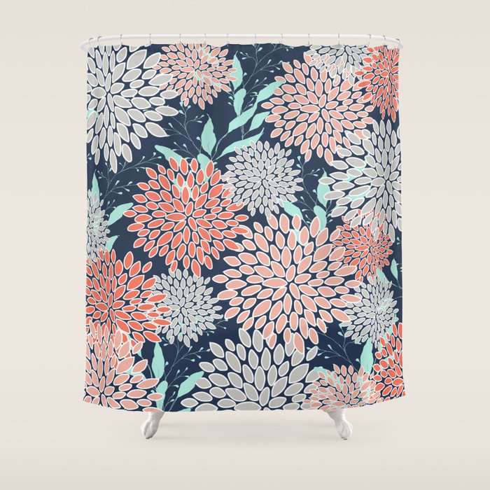Leaves and Floral Prints, Navy Blue, Aqua, Gray and Coral Shower Curtain Gallery Image 1