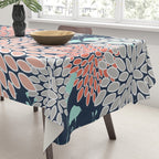 Leaves and Floral Prints, Navy Blue, Aqua, Gray and Coral Tablecloth Gallery Image 3