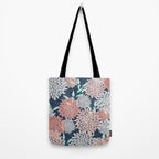 Leaves and Floral Prints, Navy Blue, Aqua, Gray and Coral Tote Bag Gallery Image 2